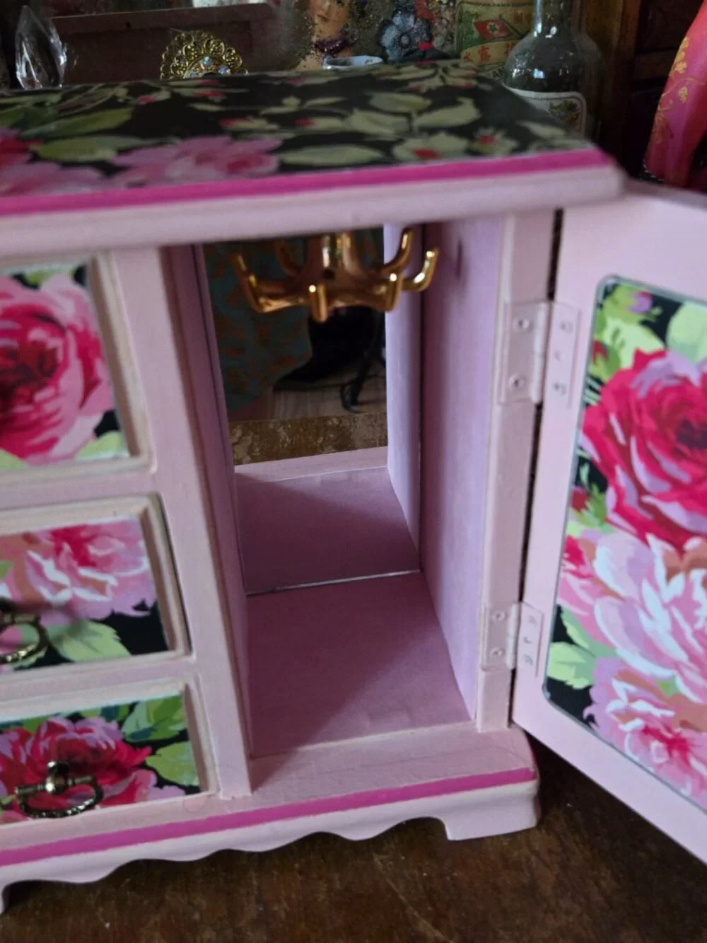 Whimsical Pink Rose Decoupage Jewelry Box Cottagecore Organizer Trinket Case
